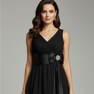 Tadashi Collection Elegant Black Evening silk Dress, Satin Bow and broach Sz 16